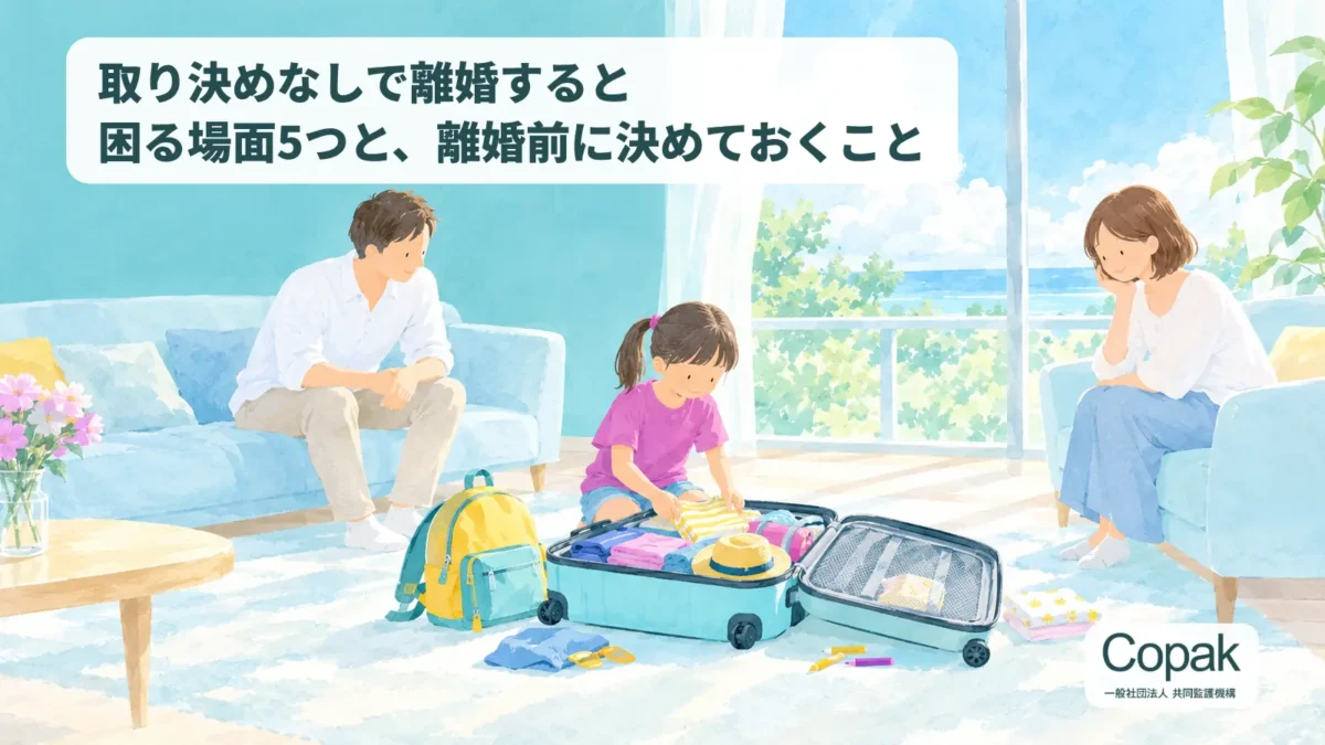 取り決めなしで離婚した場合に困る場面と、離婚前に決めておくことを解説する記事のアイキャッチ。夏休みの荷造りをする子どもと、それを見守る父母のイラスト